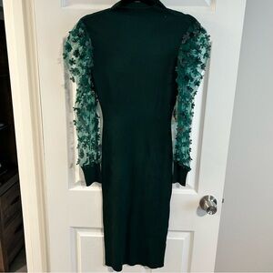 Almost Famous Green Sweater Bodycon Dress Sheer Floral Puff Long Sleeves NWT